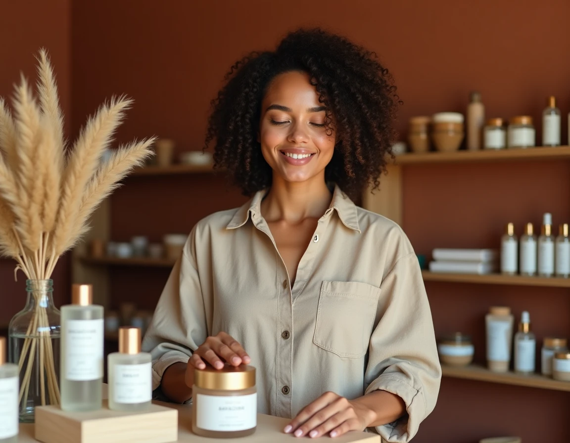Femme aux cheveux bouclés naturels explorant des produits de beauté écoresponsables dans une boutique de cosmétiques tendance