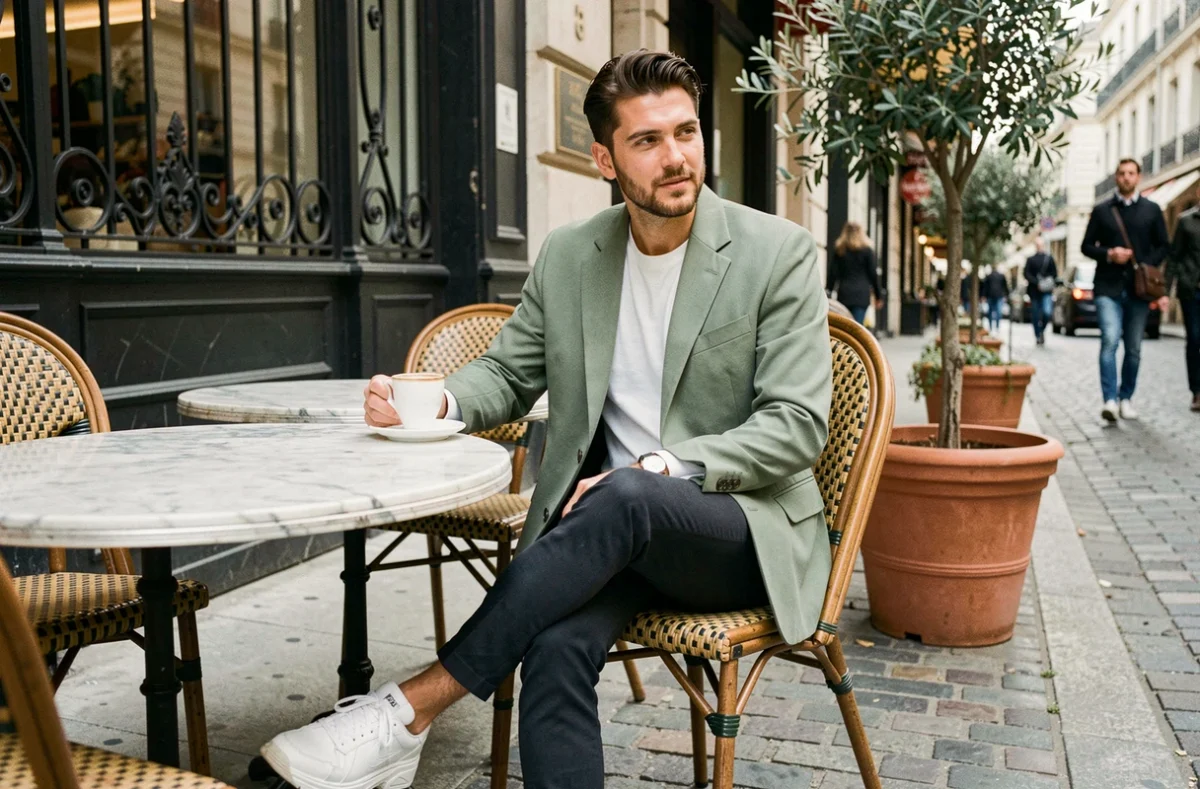 Homme tendance en blazer vert sauge assis en terrasse de café parisien avec des sneakers blanches