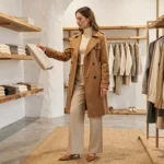 Femme élégante en trench-coat camel feuilletant des vêtements dans une boutique de mode minimaliste aux murs blancs