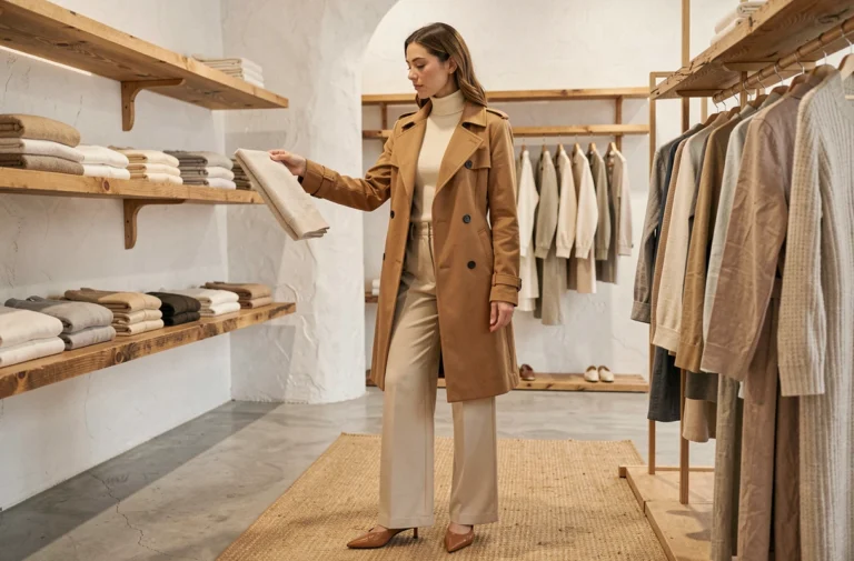 Femme élégante en trench-coat camel feuilletant des vêtements dans une boutique de mode minimaliste aux murs blancs