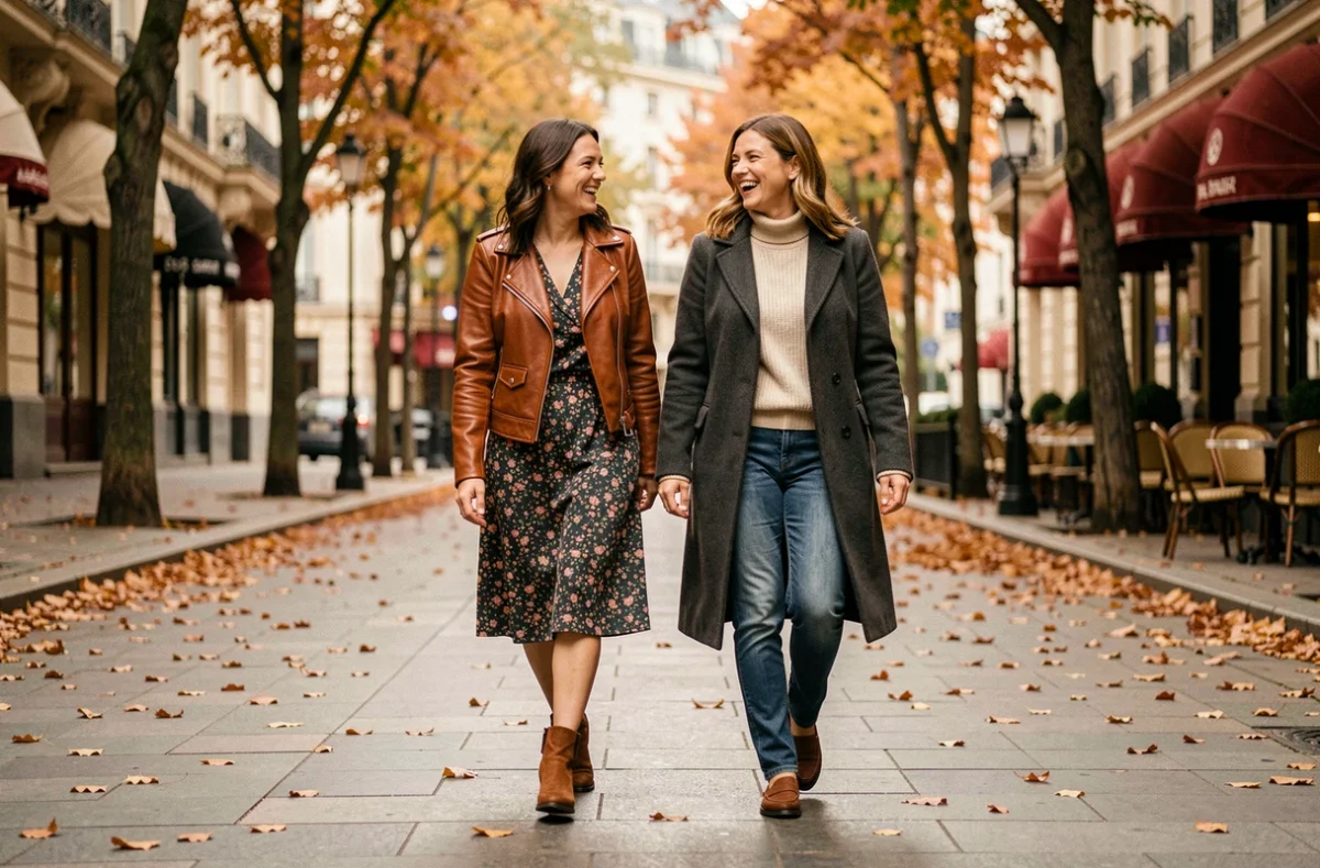 Deux femmes stylées marchant en ville en automne portant les tendances mode de la saison, veste en cuir et manteau en laine