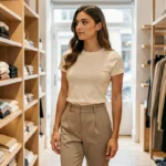 Jeune femme portant un top classique ajusté avec un pantalon taille haute dans une boutique parisienne, illustrant la coupe longue d'un top féminin